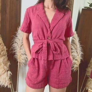 Free People Button + Tie Front Blazer Cotton Shorts Set Fuchsia Pink Size Medium